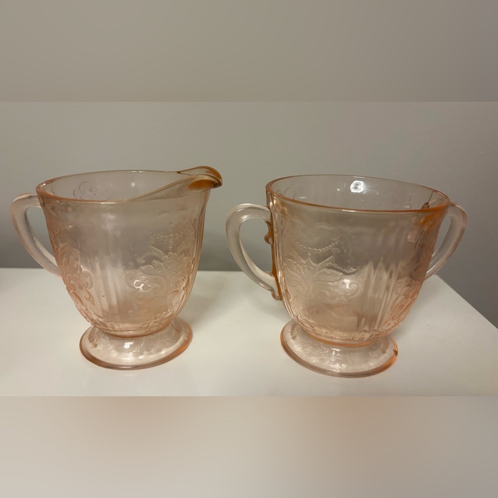 Vintage Elegant Pink Depression Glass Creamer and Sugar Set